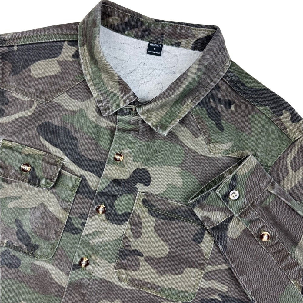 Manfinity Camo Button Down Shirt Tactical Streetwear Men S Green Y2K Faded Army